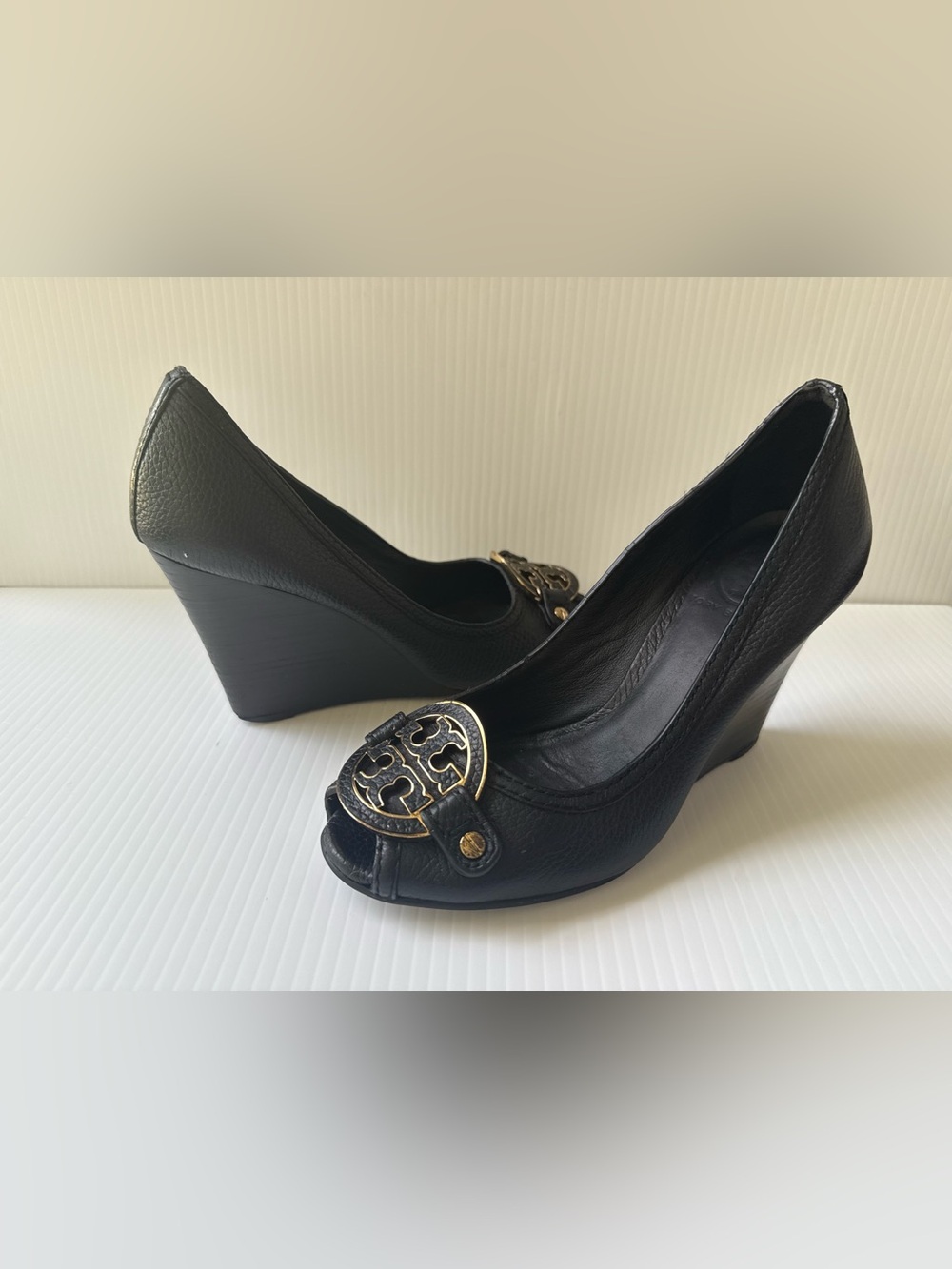 Tory Burch Leticia Peep Toe Black Leather  Wedge Pumps with Gold Accent Size 6.5